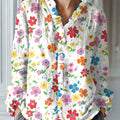 Women's Vintage Flower Art Print Casual Cotton And Linen Ruffle Shirt