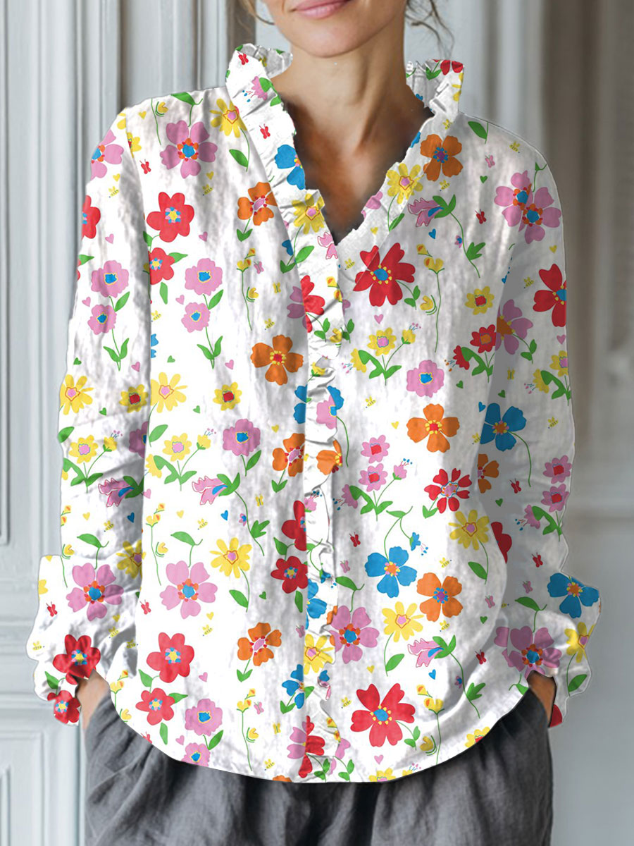 Women's Vintage Flower Art Print Casual Cotton And Linen Ruffle Shirt