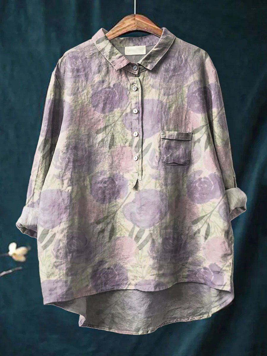 Women's Vintage Floral Art Print Casual Cotton And Linen Shirt