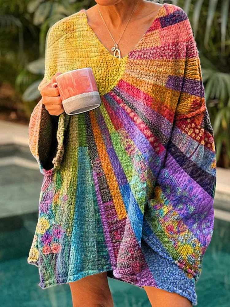 Women's Colorful Sun Collage Art Casual Pullover Sweater