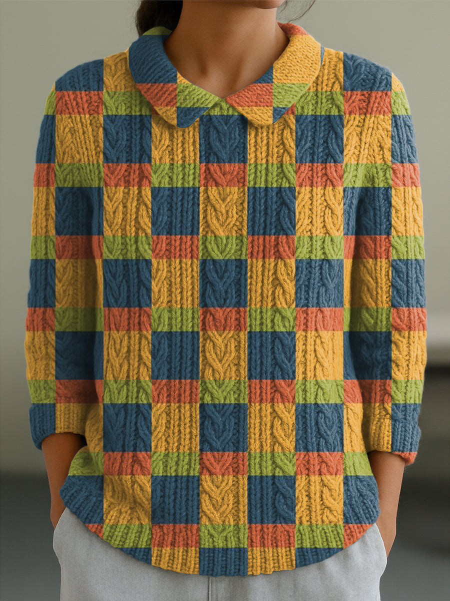 womens-vintage-colorful-plaid-painting-art-print-casual-peter-pan-collar-3-4-sleeve-sweater