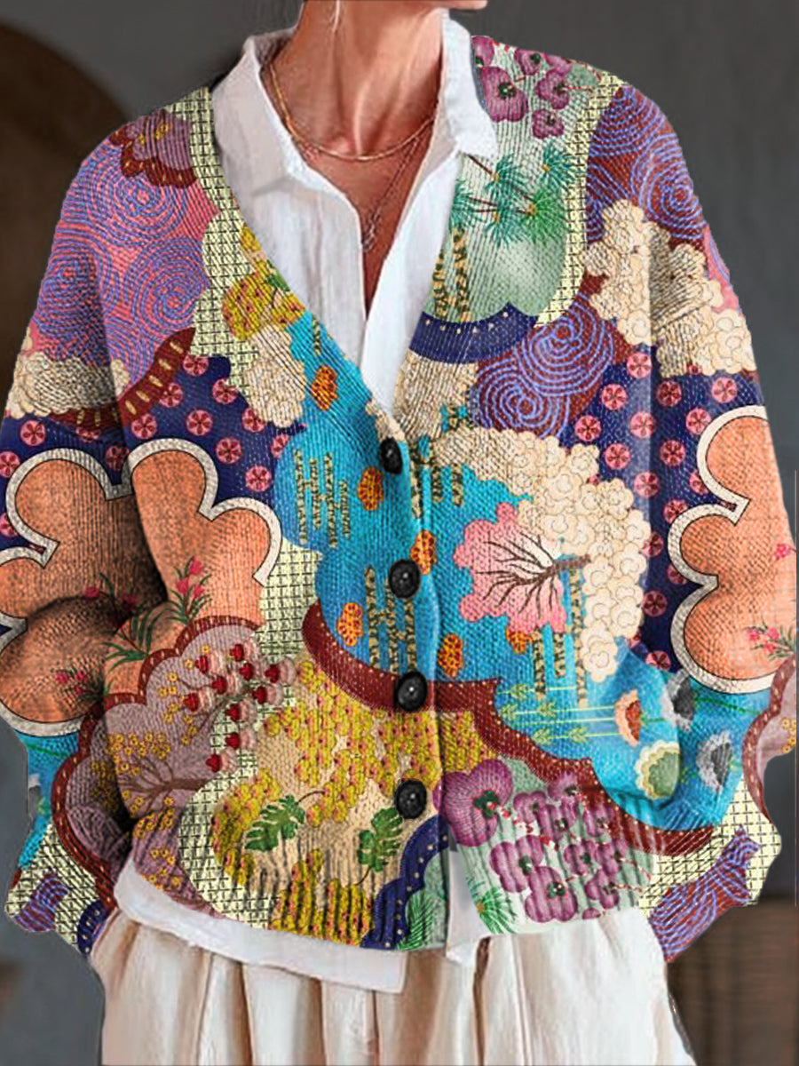 vintage-colorful-floral-splicing-painting-art-print-buttoned-v-neck-cardigan-sweater