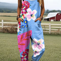 Women's Vintage Floral Art Print Casual 100% Cotton Wide Leg Jumpsuit