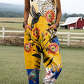 Women's Vintage Flower and Bird Art Print Casual 100% Cotton Wide Leg Jumpsuit