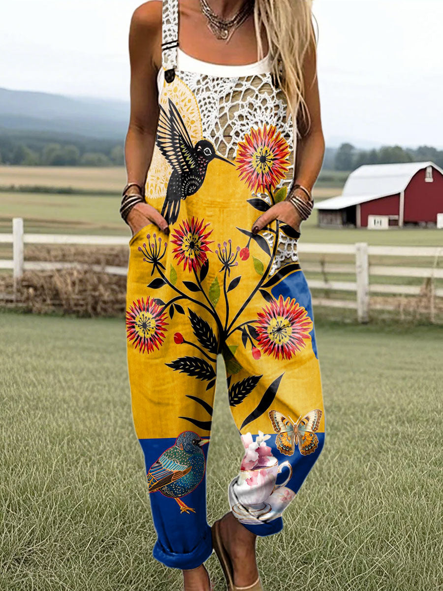 Women's Vintage Flower and Bird Art Print Casual 100% Cotton Wide Leg Jumpsuit