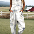 Women's Vintage Line Art Print Casual 100% Cotton Wide Leg Jumpsuit