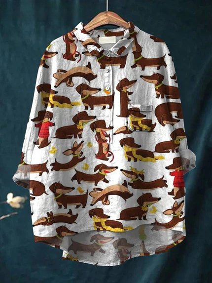 Chemise décontractée en coton et lin pour femme, imprimée avec un motif de teckel 