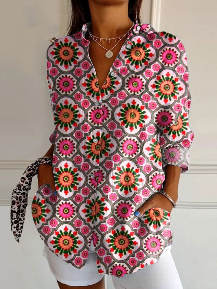 Women's  Retro Floral Art  Print Casual Cotton Shirt