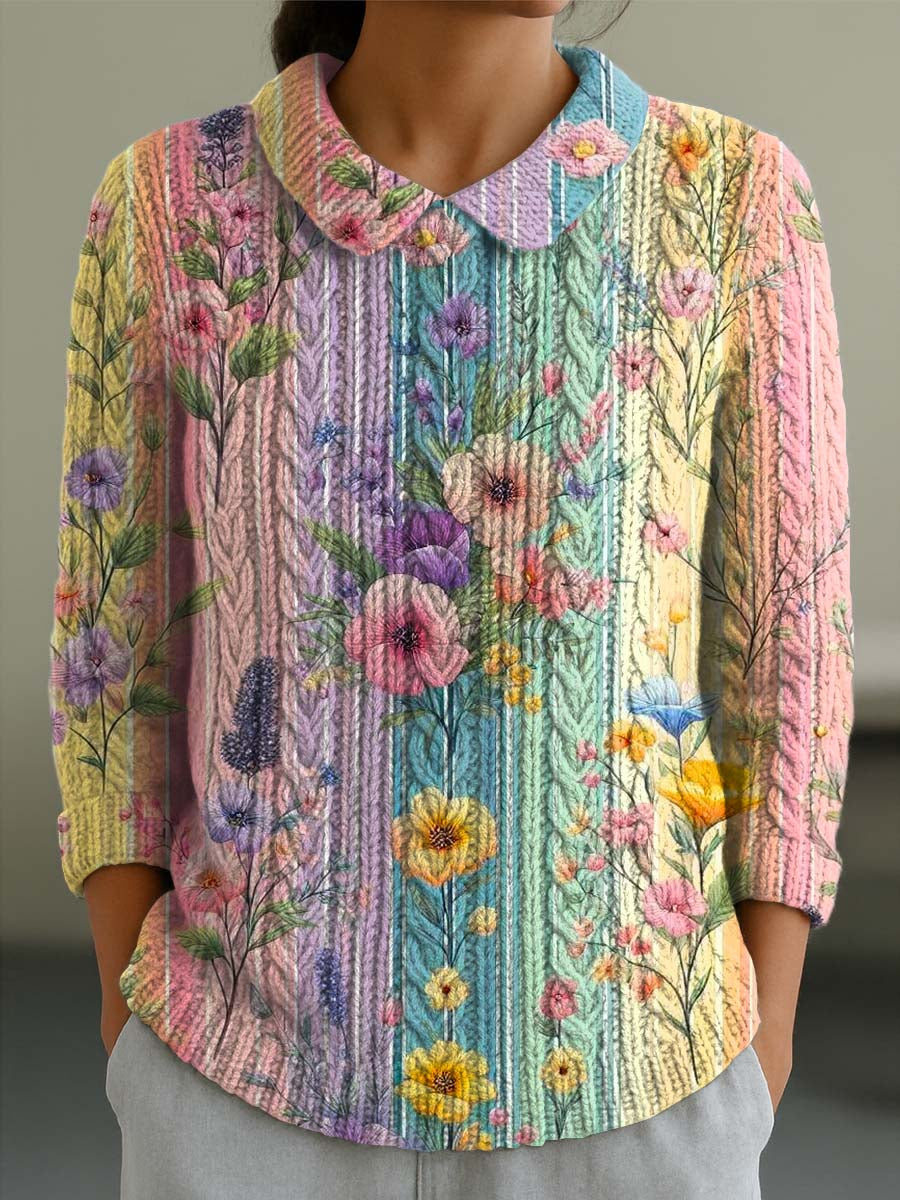 womens-vintage-floral-art-print-casual-peter-pan-collar-3-4-sleeve-sweater-tnyc