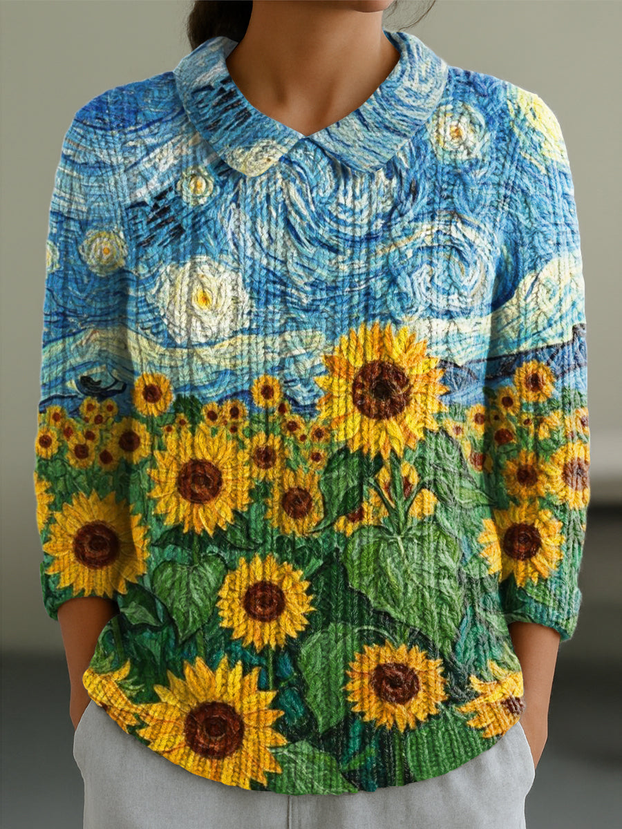 womens-abstract-sky-and-sunflowers-painting-art-print-casual-peter-pan-collar-3-4-sleeve-sweater