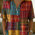 Women's Vintage Patchwork-print Cotton-linen Short-sleeve Shirt
