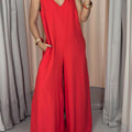 Women's  Solid Color V-Neck Sleeveless Loose Casual Linen Jumpsuit Wide Leg Pants