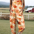 Women's Vintage Maple Pattern Art Print Casual 100% Cotton Wide Leg Jumpsuit
