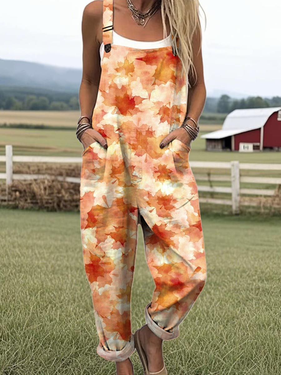 Women's Vintage Maple Pattern Art Print Casual 100% Cotton Wide Leg Jumpsuit