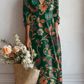 Women's Vintage Flower Art Print Linen Pocket Dress