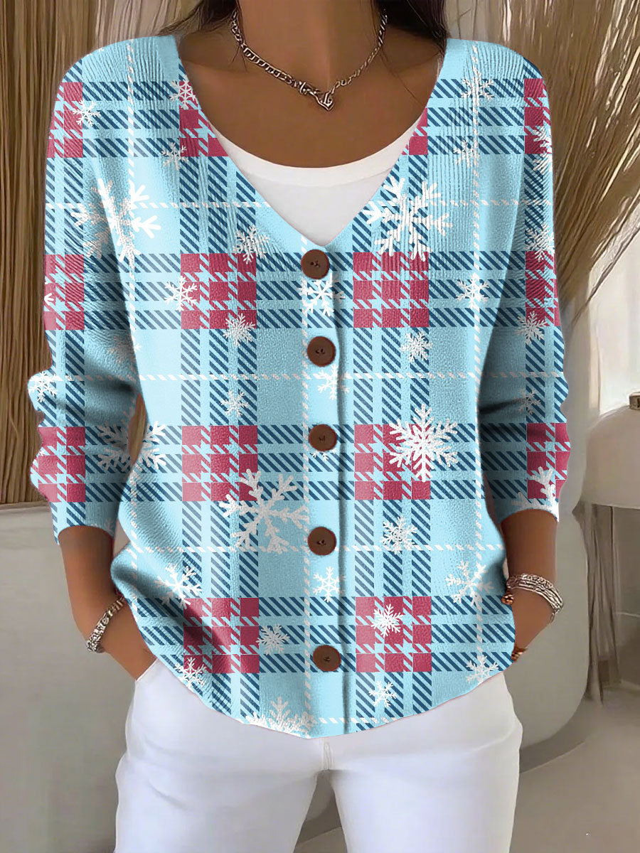 Christmas Plaid Snowflake Print Buttoned V-neck Cardigan Sweater