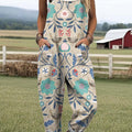 Women's Vintage Floral Birds Art Print Casual 100% Cotton Wide Leg Jumpsuit