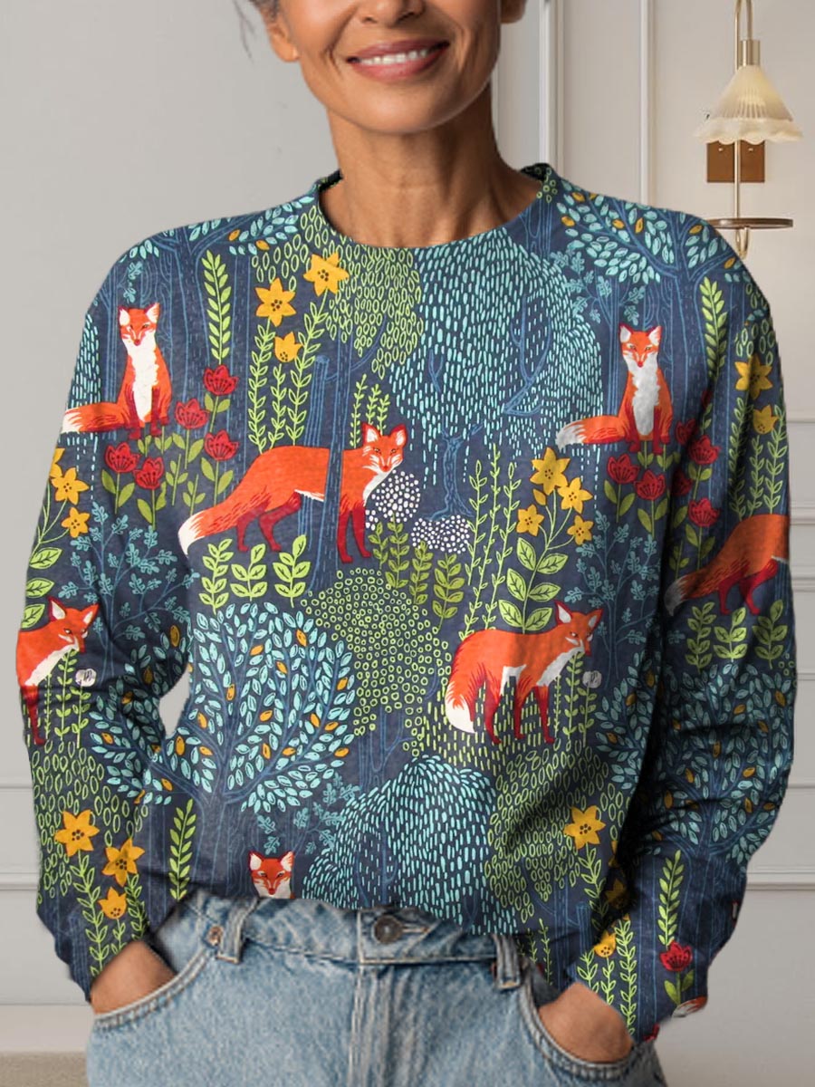 Women's Lovely Woodland Fox Art Print Casual Cotton T-Shirt