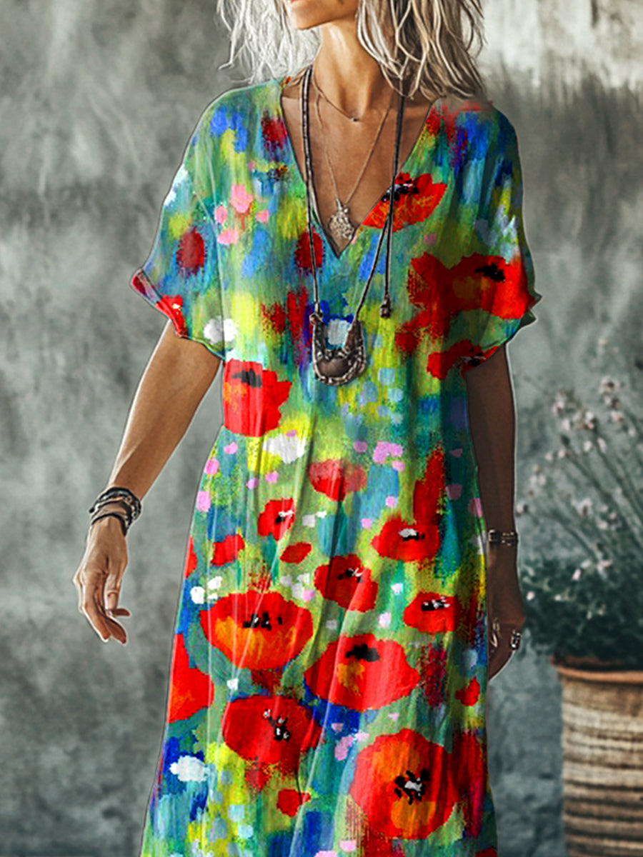 Women's  Floral  Art Print Pocket Cotton Dress