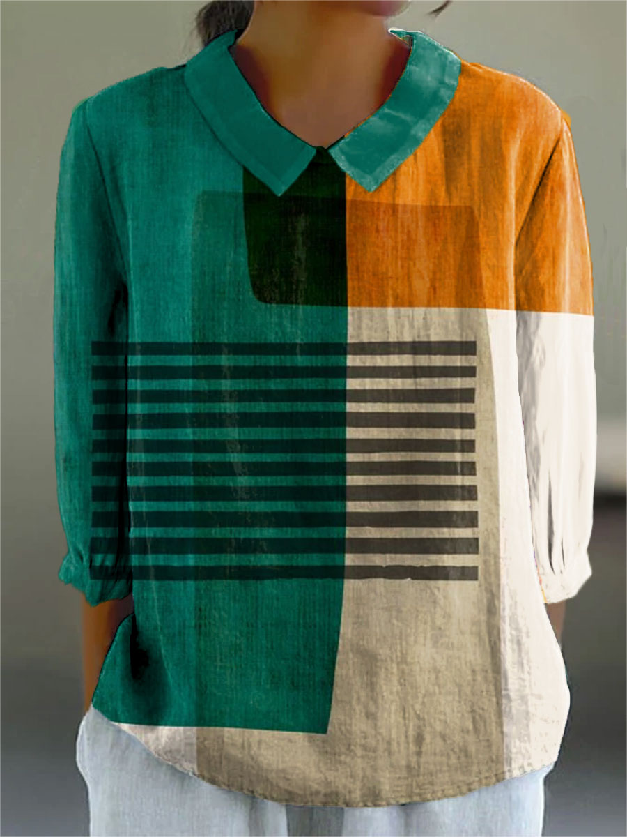 Women's Geometry Colors Abstract Art Print Casual Cotton And Linen 3/4 Sleeve Shirt