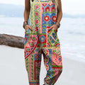 Women's Vintage Geometric Floral Art Print Casual 100% Cotton Wide Leg Jumpsuit