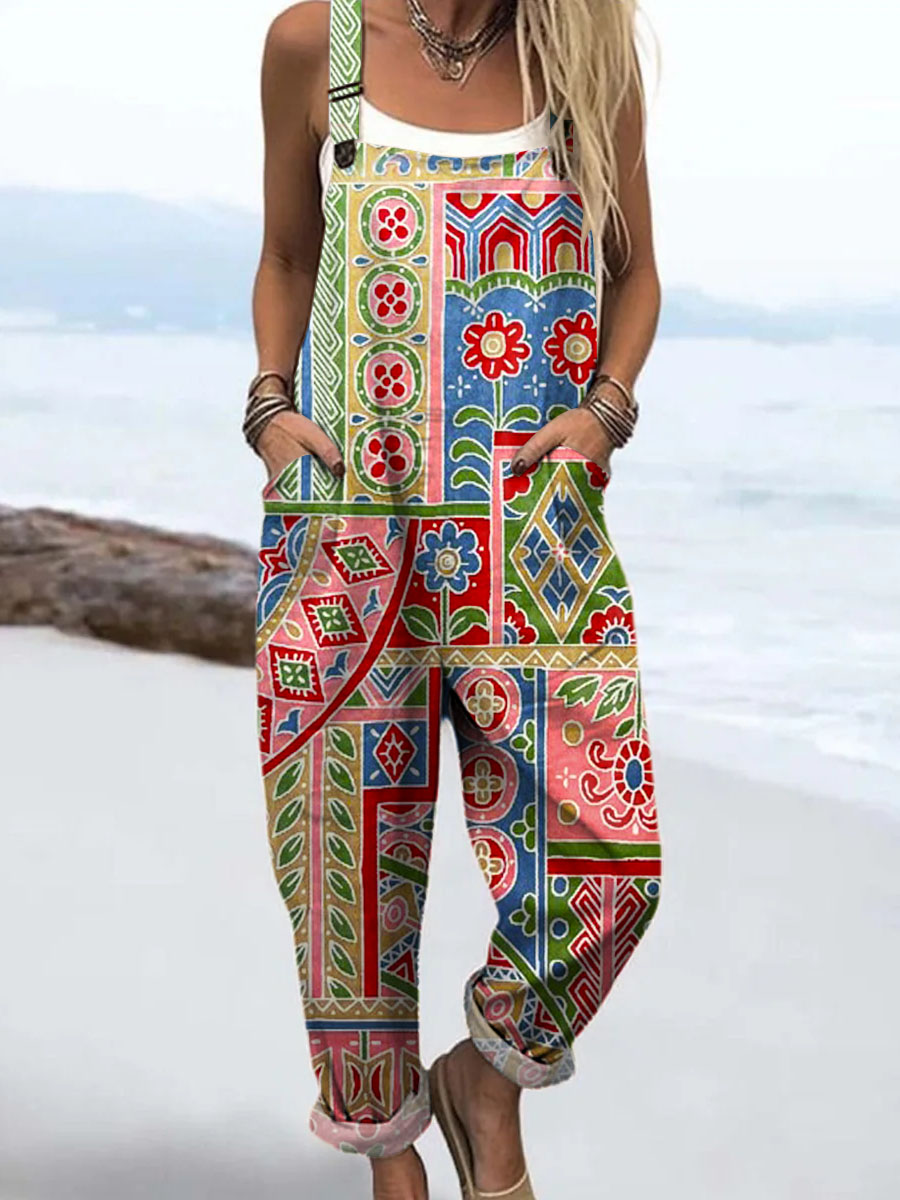 Women's Vintage Geometric Floral Art Print Casual 100% Cotton Wide Leg Jumpsuit