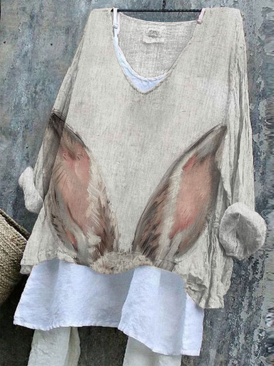 Women's   Easter Vintage Bunny Art Print Casual Cotton And Linen Shirt
