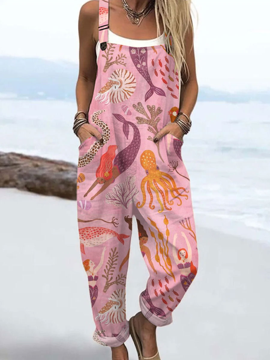 Women's  Retro  Mermaid Art Print Casual 100% Cotton Wide Leg Jumpsuit