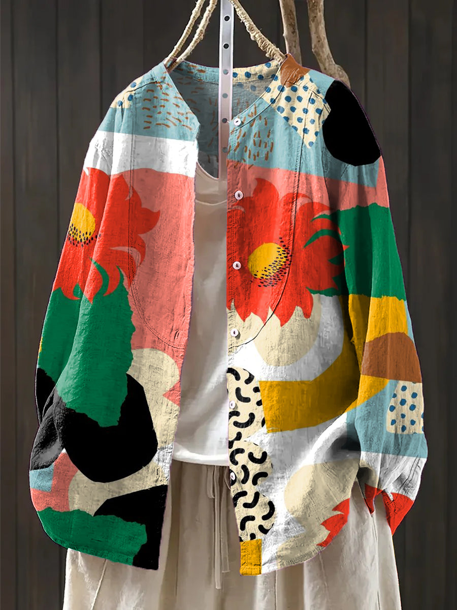 Women's Abstract Colorful Graffiti Floral Painting Art Print Casual Cotton And Linen Shirt