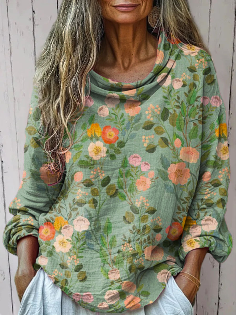 Women's Vintage Floral Art Print Casual Long Sleeve Comfortable Cotton Shirt