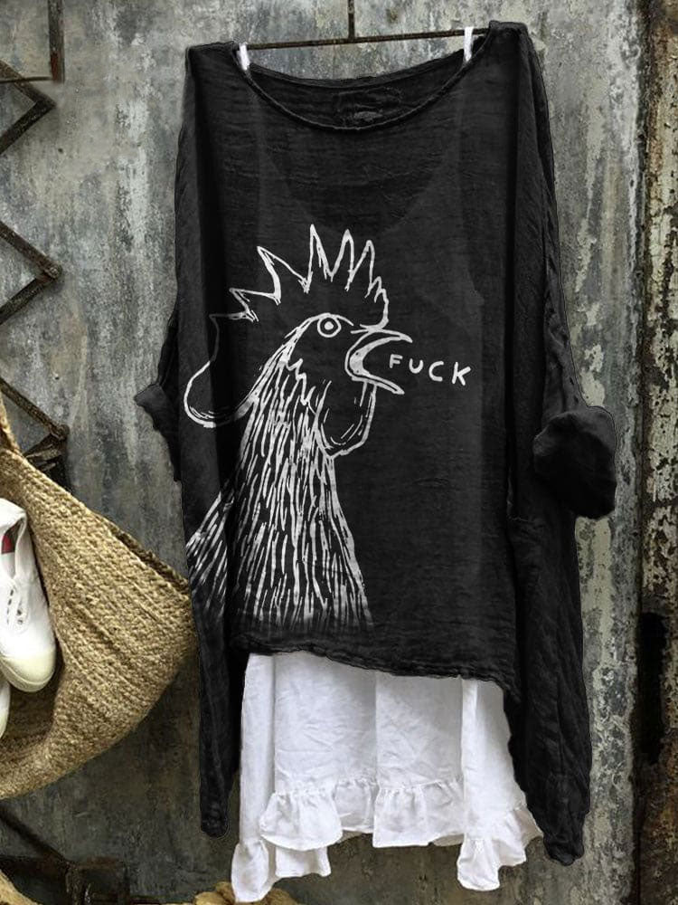 Funny Bad Rooster Graphic Linen Blend Flowy Tunic