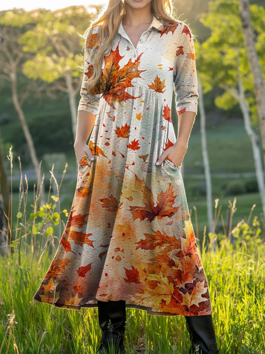 Women's Retro Autumn Maple Leaves Pattern Art Casual Print Dress
