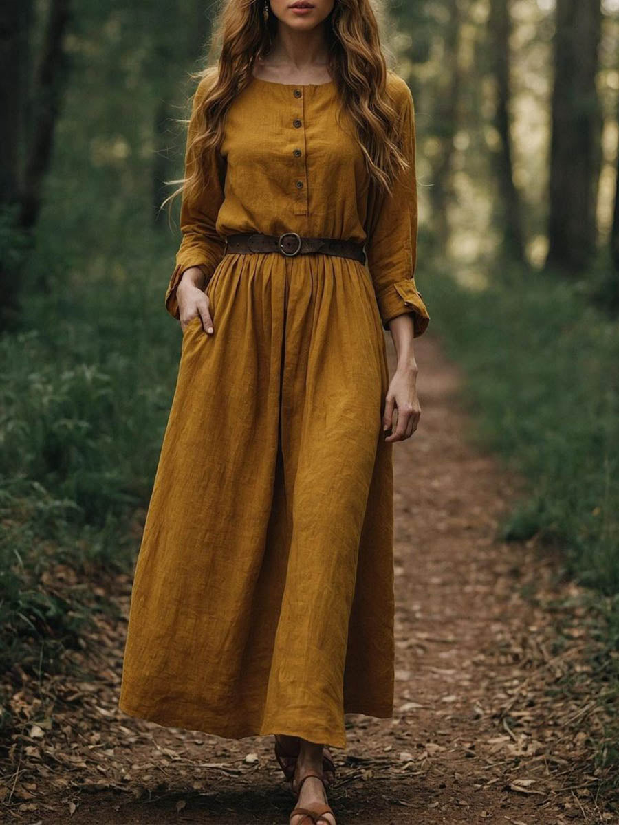 Women's Solid Color Round Neck Long Sleeve Casual Loose Cotton and Linen Dress