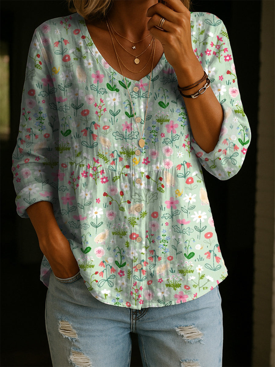 Women's Flower Art Print Linen Cotton Shirt