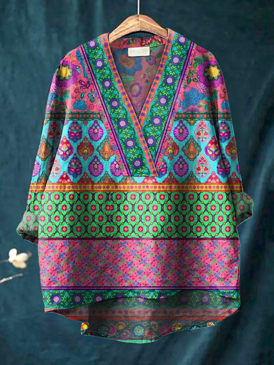 Ethnical Style Summer Floral Pattern Printed Women's Casual Cotton And Linen V-neck Shirt