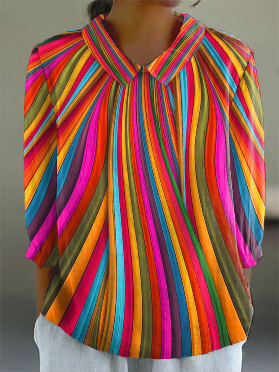 Women's Vintage Rainbow Stripe Art Print Casual Cotton And Linen 3/4 Sleeve Shirt