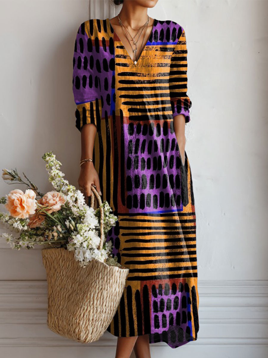 Women's Vintage Abstract Geometric Art Print Linen Pocket Dress