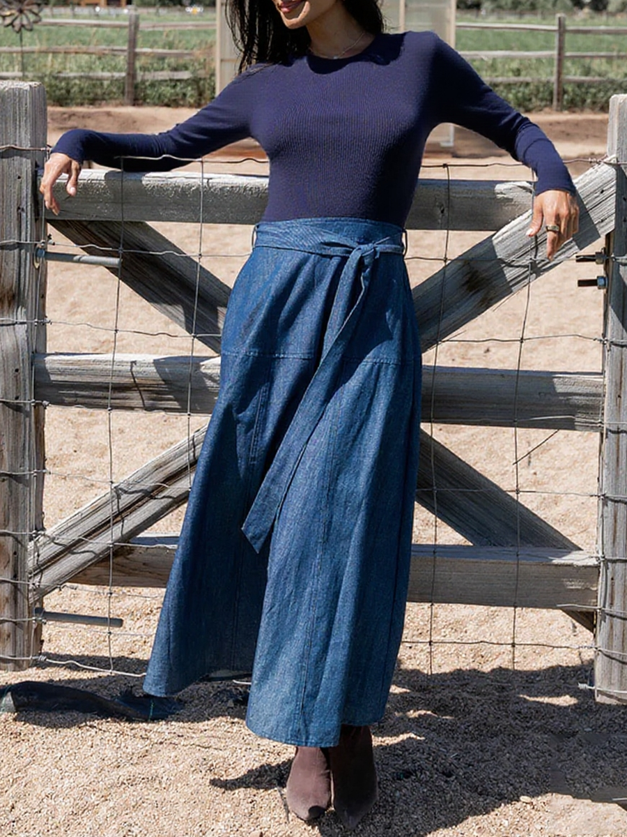 Classic Tie-Drape A-Line Denim Skirt