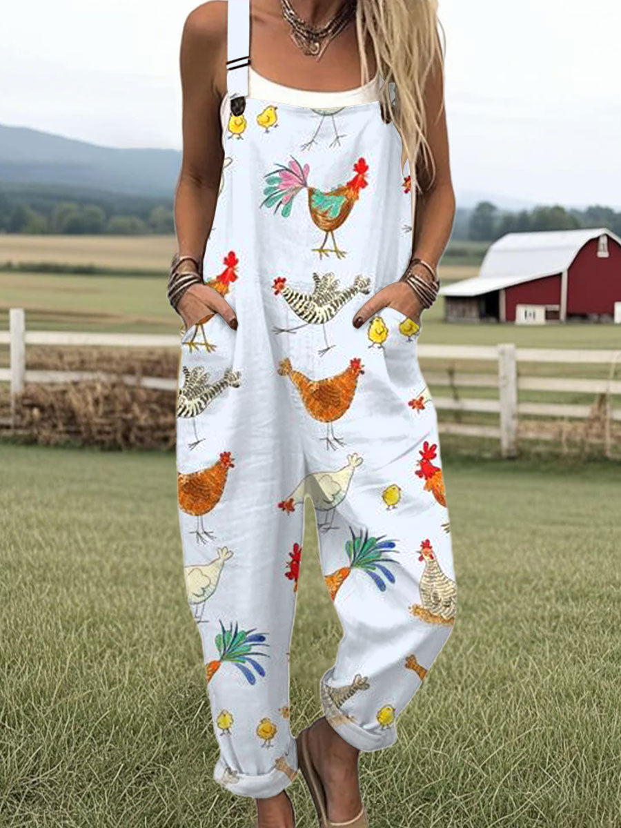 Women's Funny Chick Art  Print Casual 100% Cotton Wide Leg Jumpsuit