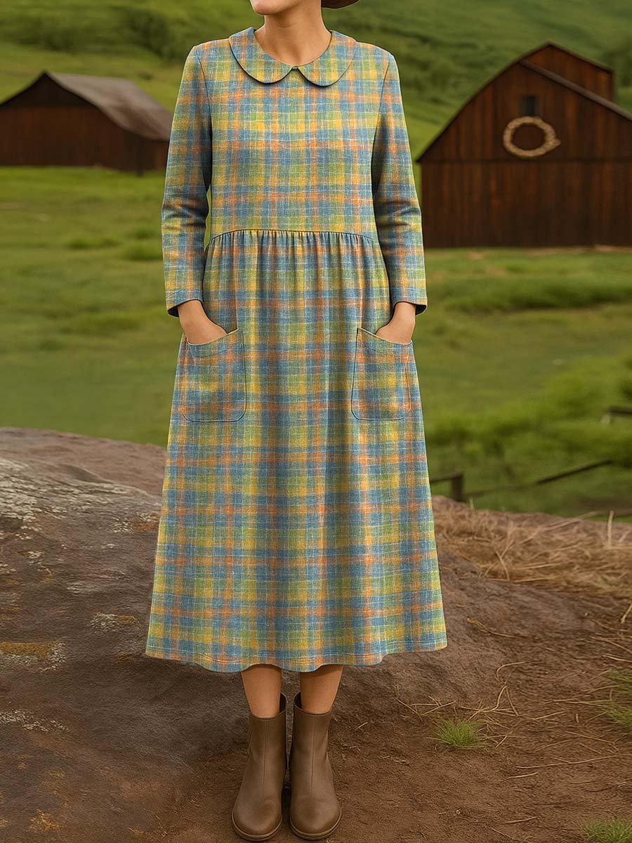 Vintage Classic Plaid Decorative Pattern Cotton Lapel Button-Down Shirt Dress