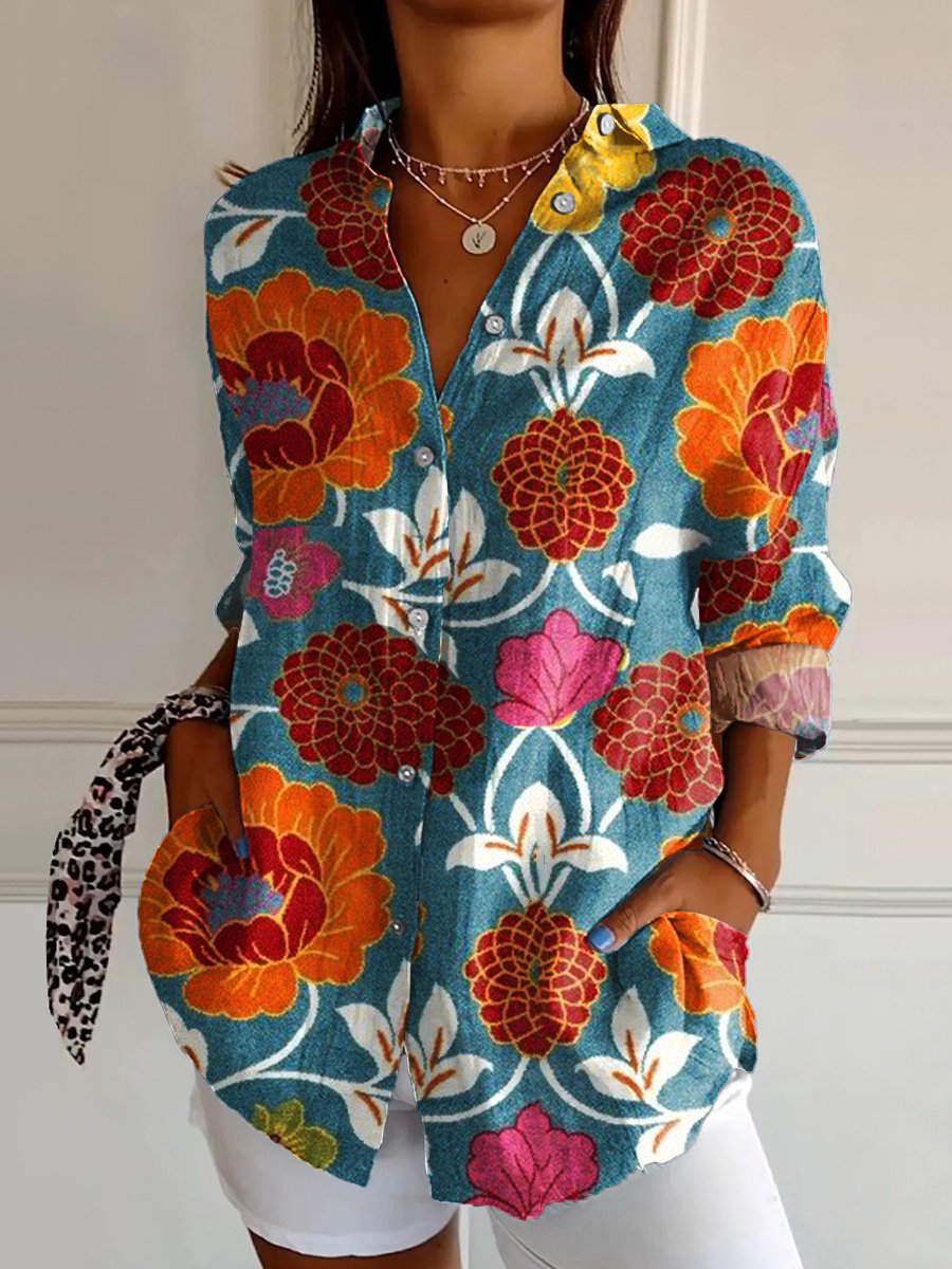 Women's  Flower  Art Print  Casual Cotton Shirt