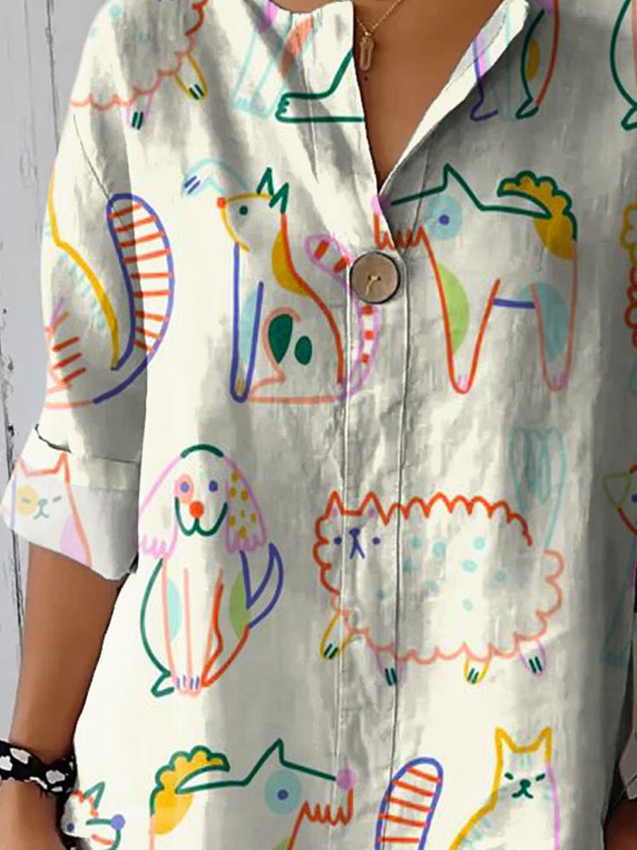 Women's Vintage Lovely Animals Art Print Casual Cotton Linen Shirt