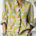 Women's Vintage Ethnic Bright Floral Painting Art Print Casual Cotton And Linen Ruffle Shirt
