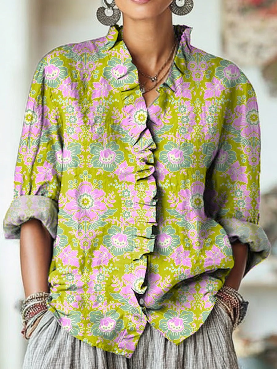 Women's Vintage Ethnic Bright Floral Painting Art Print Casual Cotton And Linen Ruffle Shirt