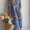 Women's Colorful Wavy Lines And Stars Print Linen Pocket Dress
