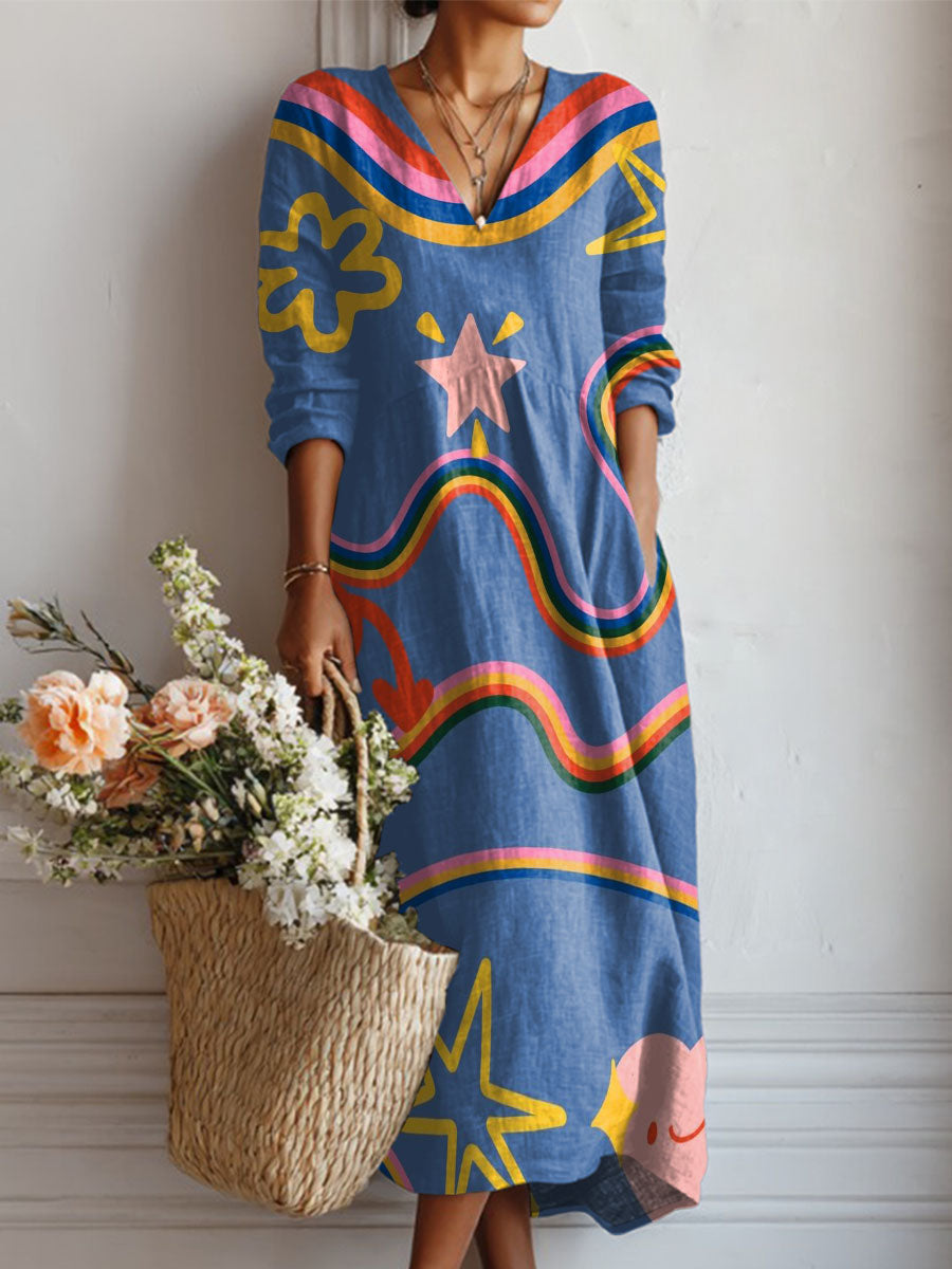 Women's Colorful Wavy Lines And Stars Print Linen Pocket Dress
