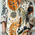 Women's Vintage Ethnic Paisley Geometric Floral Drawing Art Print Casual Cotton And Linen Ruffle Shirt