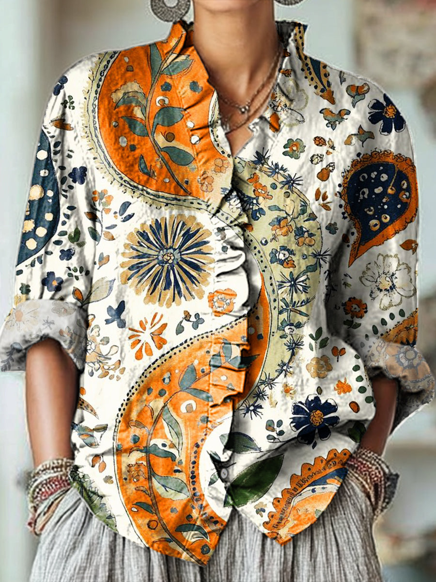 Women's Vintage Ethnic Paisley Geometric Floral Drawing Art Print Casual Cotton And Linen Ruffle Shirt
