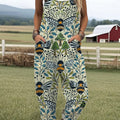 Women's Vintage Bee Floral Art Print Casual 100% Cotton Wide Leg Jumpsuit