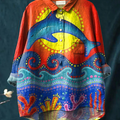 Sunset And Dolphin Art Printed Women's Casual Cotton And Linen Shirt